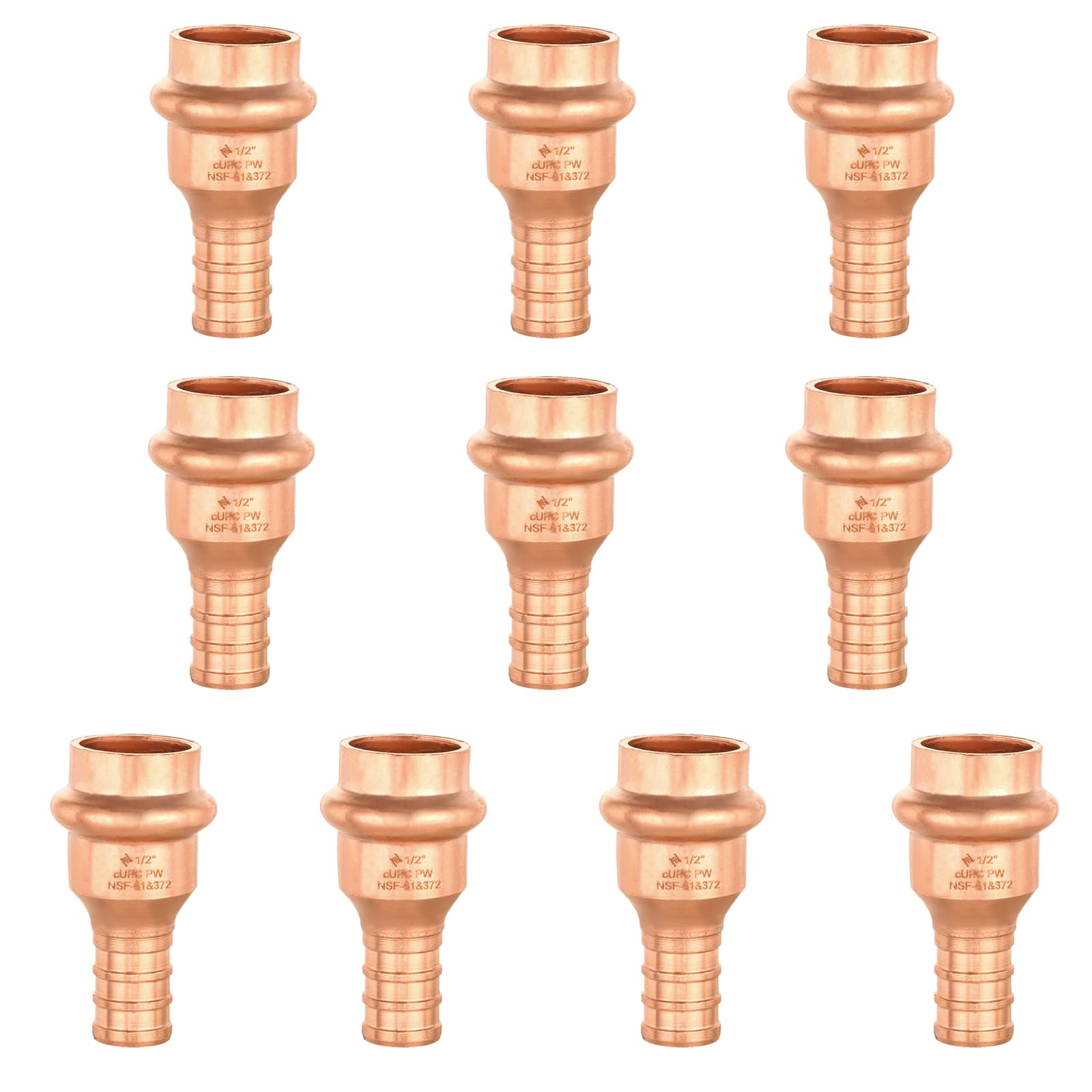 Paquete de 10 accesorios de presión de cobre GUOFIS, acoplamiento de presión de 1/2 pulgada x acoplamiento de crimpado PEX de 1/2 pulgada para conexión de tubería de cobre/PEX con tope (PRESS012)
