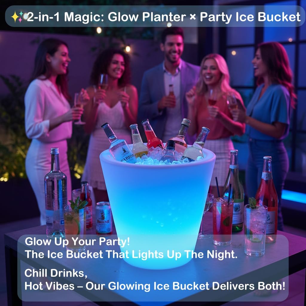 16-in Round LED Flower Pot Light, Rechargeble Flower Planter Light w/Remote, 16 Dimmable Colors LED Planters Pot Outdoor, Waterproof Ice Bucket for Patio Garden Decor