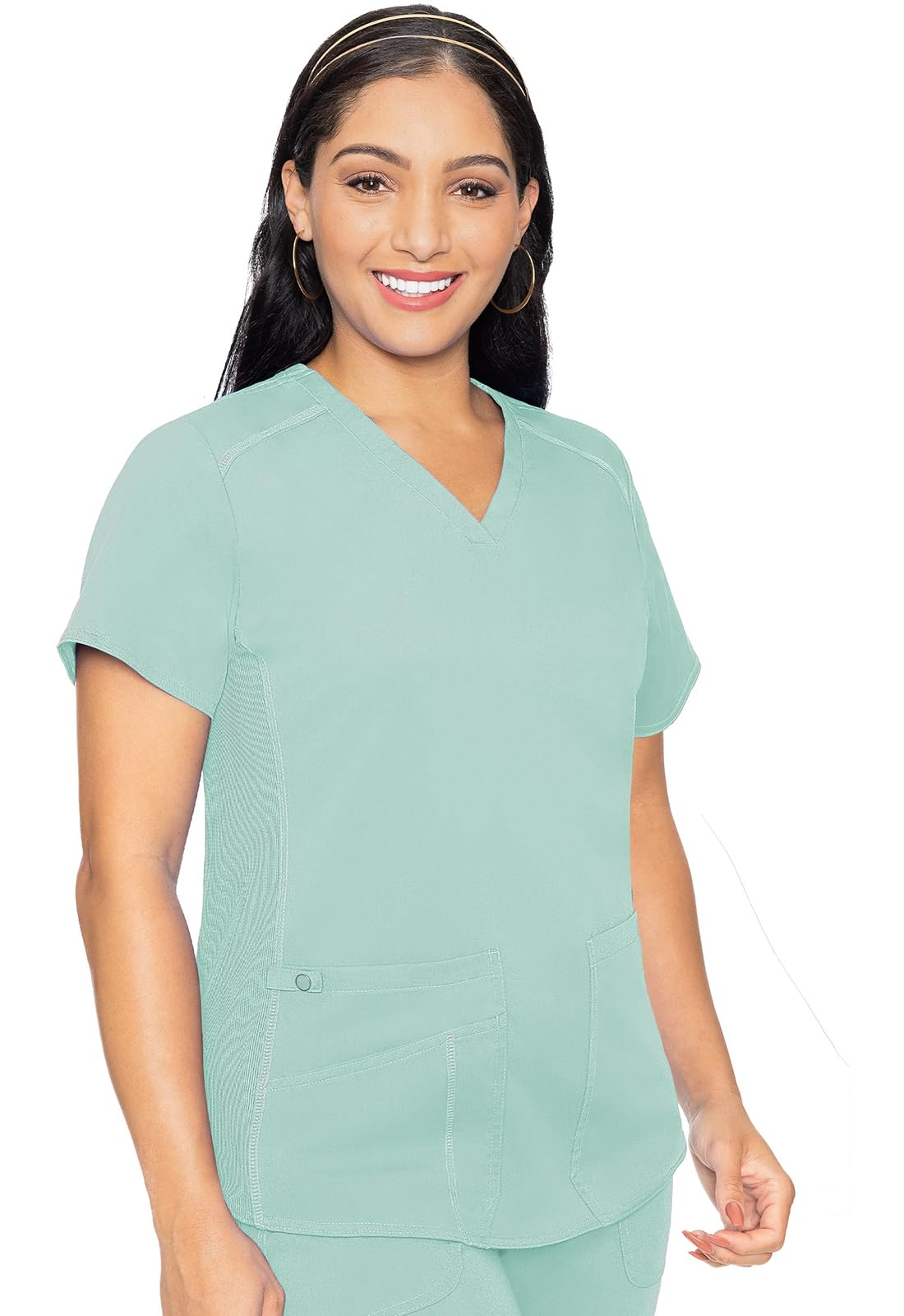 Med Couture's V-Neck Scrub Top for Women with 4 Pockets, Rib-knit Side Panel, and Shirttail Hem MC7459, Sea Mist, L