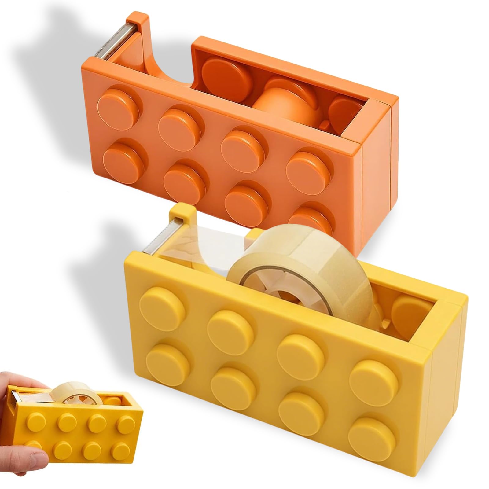 Rayakt 2Pcs Tape Dispenser, Yellow & Orange Building Block Sellotape Dispenser, Heavy Duty Cellotape Dispenser, Adhesive Tape Holder for Office, School, Home, DIY Crafts & Shipping