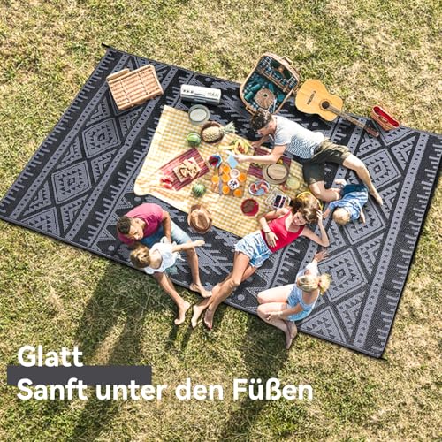 Homaxy Outdoor Teppich Wetterfest, Kunststoff Stroh Faltbar Waschbar UV-beständig Wendbar Balkon Garten Teppich für Terrasse Camping Picknick (120 x 180 cm, Schwarz & Grau)
