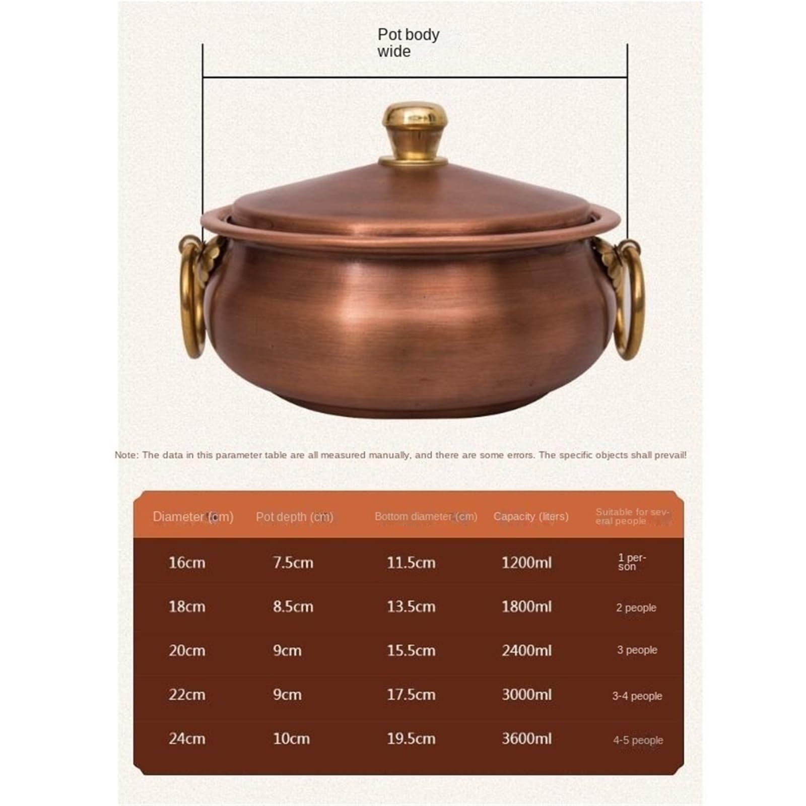 INUUXLG Hotpot for Cooking Style Copper Hot Pot Shabu Pot Cooking Pot with Lid and Handles Traditional Copper Cookware Pan Cooking Pot Kitchenware (Copper 16cm)