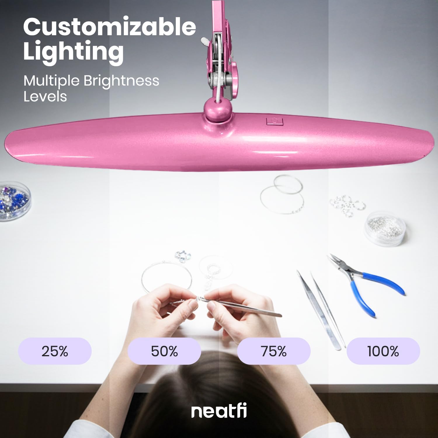 Neatfi XL 2200 Lumens 24W LED Desk Lamp – Shadow-Free Task Lighting | 4-Level Dimming | Home Office & Crafts Use | 20-Inch Wide Head (Pink, Non-CCT with Clamp)