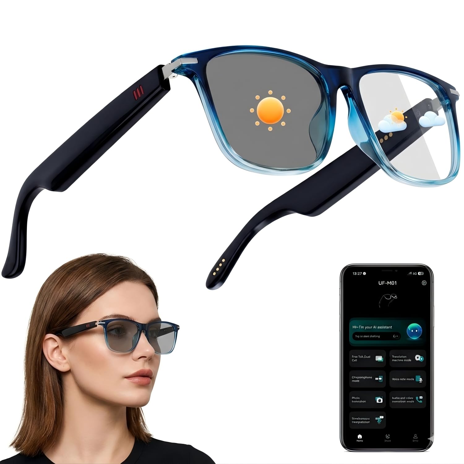 padom AI Smart Glasses for Men & Women, Bluetooth Smart Glasses with 165+ Languages, Photochromic Lenses, AI Assistant, Touch Control & IPX5 Water-Resistant for Travel & Work(Blue)-image-33
