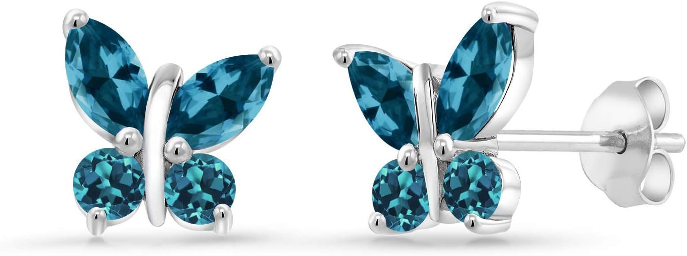 Gem Stone King 925 Silver Marquise London Blue Topaz Butterfly Earrings For Women (1.72 Cttw, Gemstone November Birthstone, Center Stone: 6X3MM, Small Stones: 3MM)