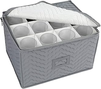 LotFancy Stemware Storage Container - Deluxe Quilted Storage Case with Dividers for 12 - Wine Glasses, Champagne Flutes, Glassware, Drinkware Storage Chest, 15.5”x12.5”x 10”, Gray