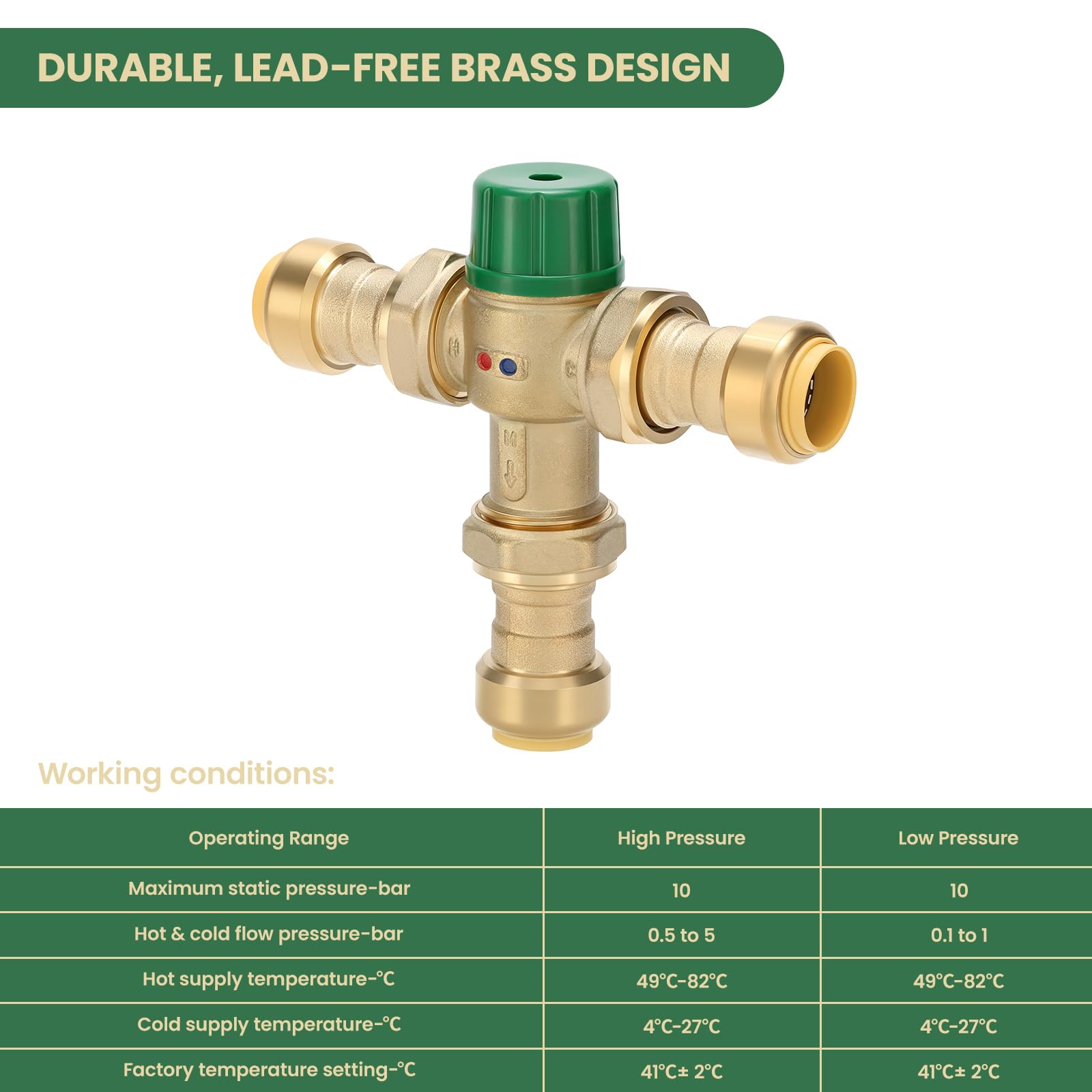 Válvula mezcladora termostática de latón de 3/4 pulgadas con conexiones de unión, compatible con accesorios SharkBite Copper, CTS, CPVC, SDR-9 HDPE y PEX