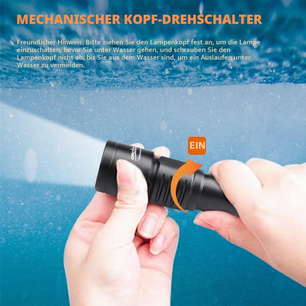 ORCATORCH D700 Tauchlicht 1700 Lumen Tauchlampe 150.0 m Tiefe Unterwasser Tauchen Taschenlampe