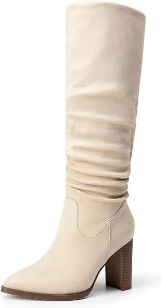 DREAM PAIRS Women's Knee High Boots Pointed Toe Chunky Block Heel Suede Boots Comfortable for Women with Side Zipper Fashion Slouchy Boots,Size 6,Beige,DWUMKB2513