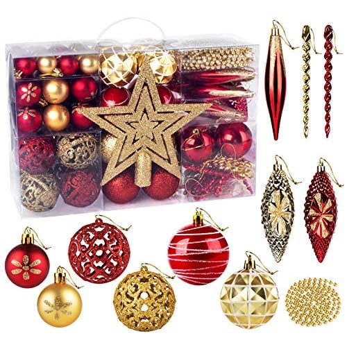 Christmas Ornaments Set 102 Pcs, Red & Gold Glitter Shatterproof Christmas Ball Ornaments with Topper for Xmas Tree Hanging Decorations, 2025 Christmas Decorations for Indoor Outdoor Xmars P