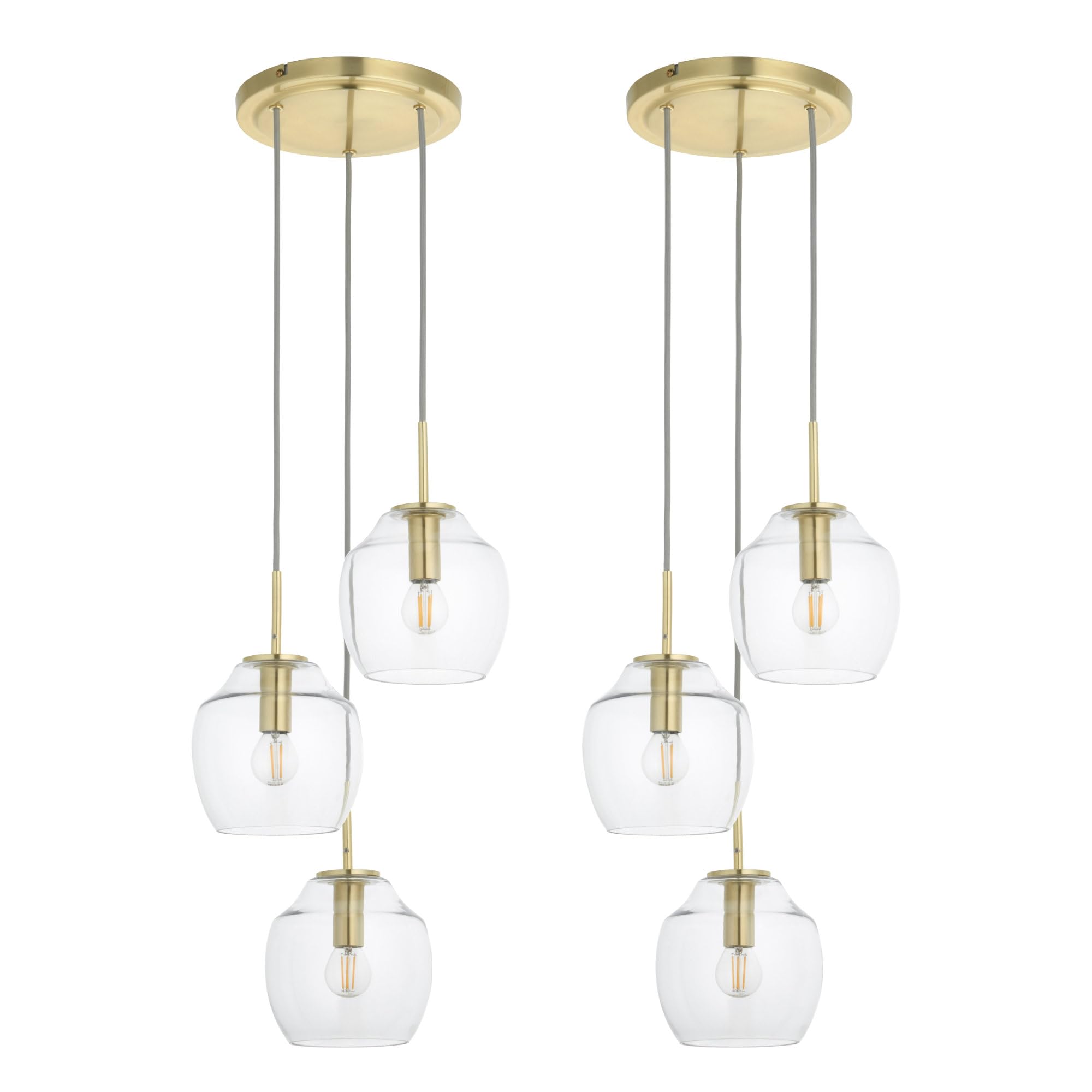 firstchoicelighting Set of 2 Brushed Gold Ceiling Pendant Lights, Clear Glass Shades, 3 Way Modern Cluster Design, Height Adjustable