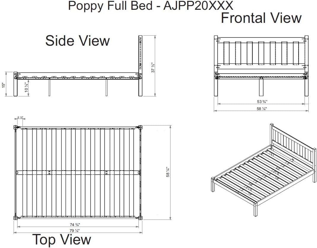Poppy Full Wood Platform Bed, White - 200 Kgs w/ Headboard, Footboard, & Side Rails - Brazilian Pine - for Bedroom - Shaker, Transitional & Contemporary Style