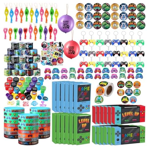 HyDren 243 Pcs Video Game Party Favors Includes Video Game Goodie Treat Boxes Punch Balloons Silicone Bracelets Keychains Badges Stickers for Gaming Birthday Party Supplies (Vivid Style)