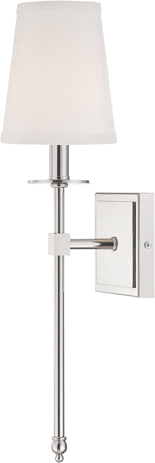 9-302-1-109 Monroe Bohemian Vintage Soft White Fabric Wall Sconce, 1-Light 60 Watt, 20" H x 5" W, Polished Nickel