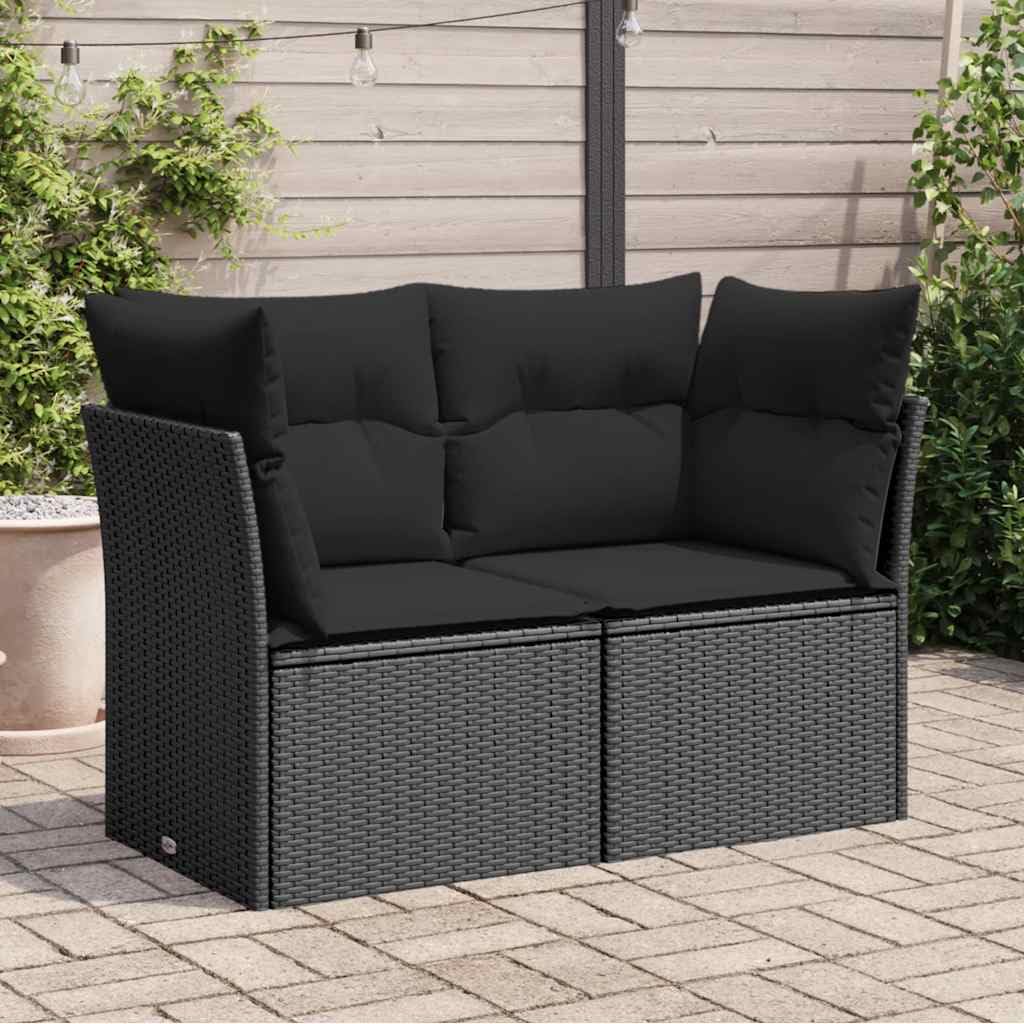 Divano da Giardino 2 Posti in Rattan PE Nero con Cuscini | Salotto modulare per terrazzo e balcone con telaio in acciaio, cuscini sfoderabili imbottiti e piedini regolabili.
