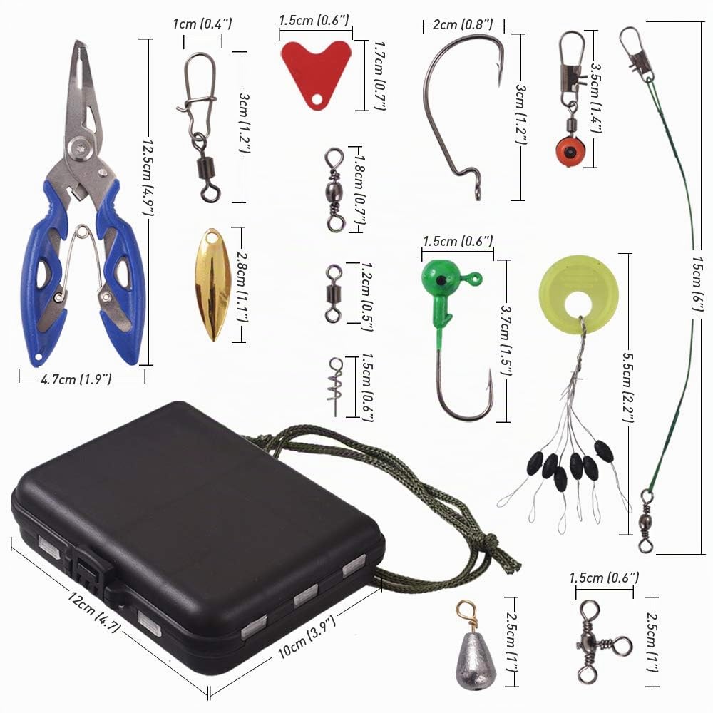 Kit de pesca 188 piezas accesorios anzuelos giros enganches plomada caja aparejos portátil