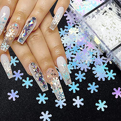 6 Grids 3D Snowflake Winter Nail Sequins - Snow Flakes Nail Glitter Christmas Snowflakes Designs Manicure, Xmas Nail Art Stickers For Winter, Nail Stickers For Christmas Party Accessories Decorations #TOP2