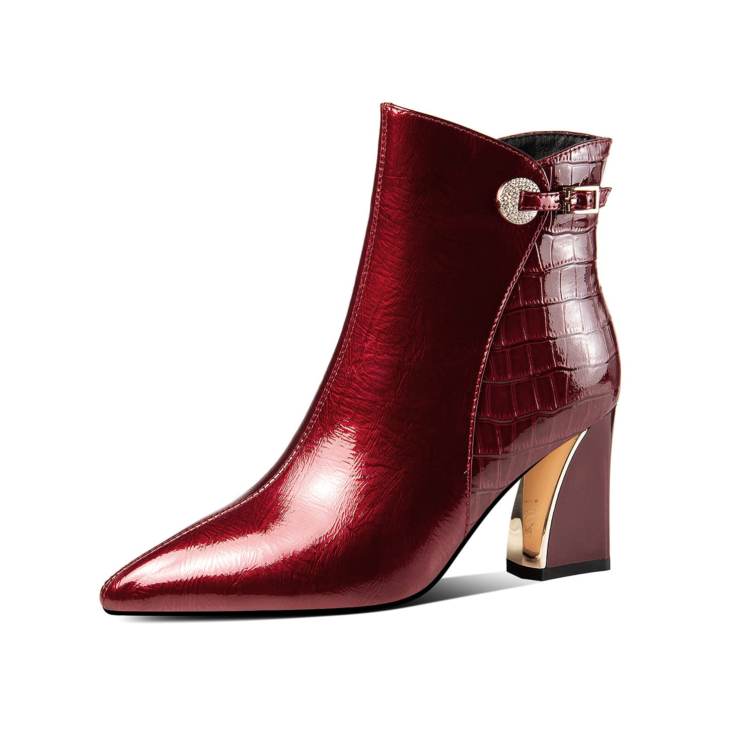 TinaCus Glossy Patent Leather Womens Handmade Chunky Heel Pointed Toe Side zip Up Ankle Booties with Exquisite Buckle