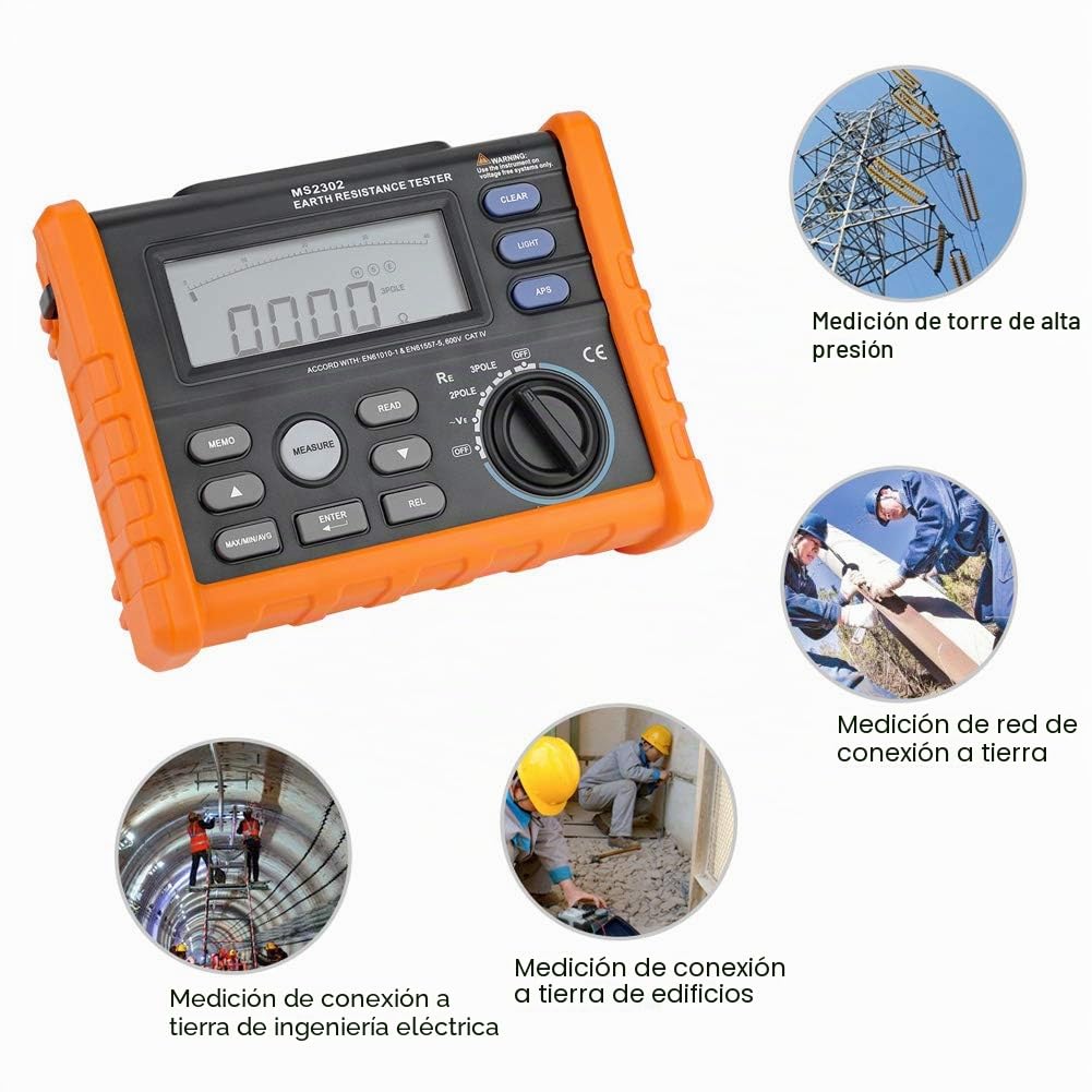PM2302 - Medidor Digital de Resistencia (Medidor de Tierra de 0-4k Ohm, Medidor de Aislamiento, Multímetro con Pantalla LCD Retroiluminada)
