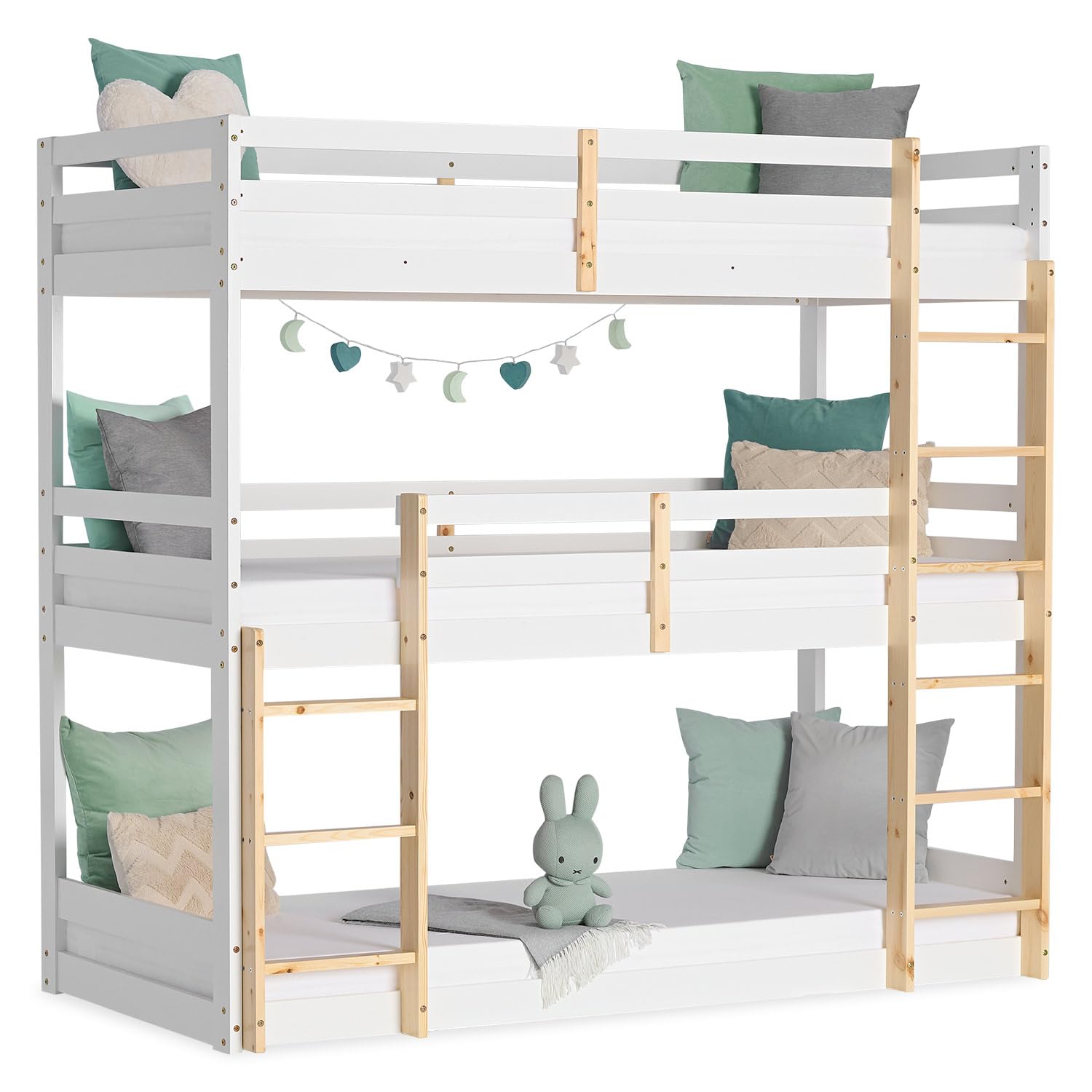 Homestyle4u Lit superposé pour 3 Enfants Lit Mezzanine 90x200 avec escalier, sommier à Lattes, Bois Blanc, Finition Naturelle | Article 2589