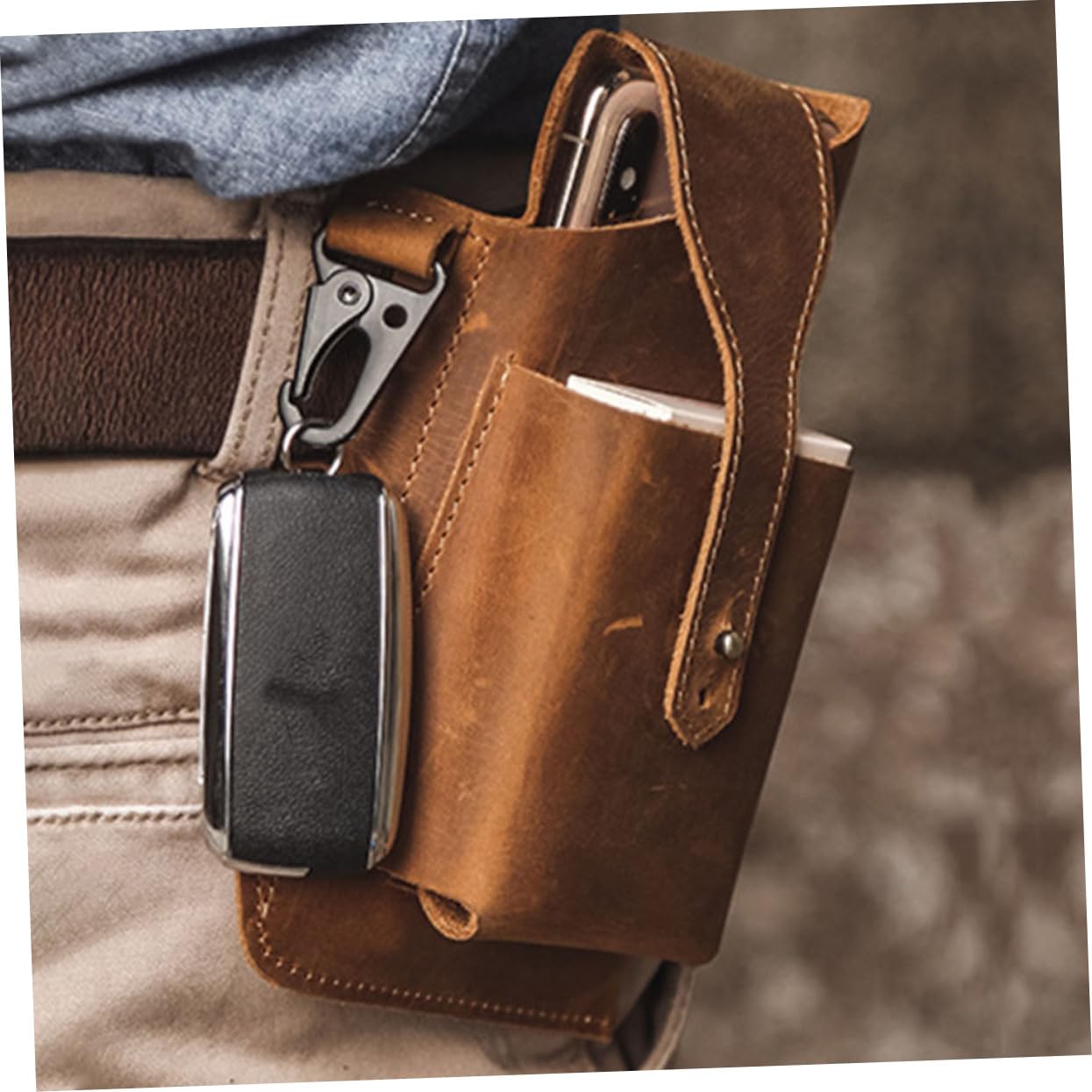 Riñonera Deportiva Hombre Vintage de Piel Auténtica Resistente Ligera Hebilla para Colgar Llaves Bolsa de Almacenamiento para Cintura Uso Diario y Viajes