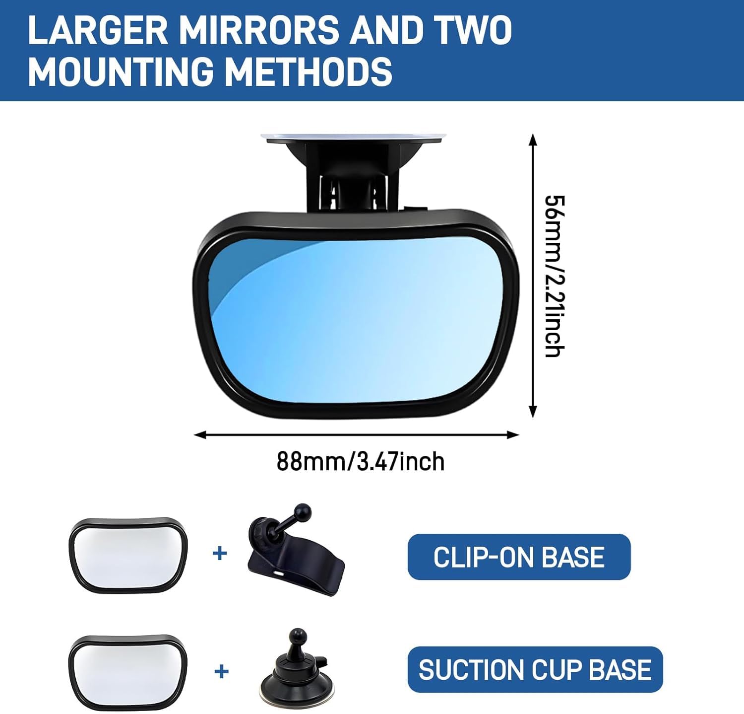 Espejo de bebé para coche para asiento trasero – rotación 360° y campo de visión amplio, con ventosa y clip, 13 x 6,5 cm, espejo curvado, montaje fácil