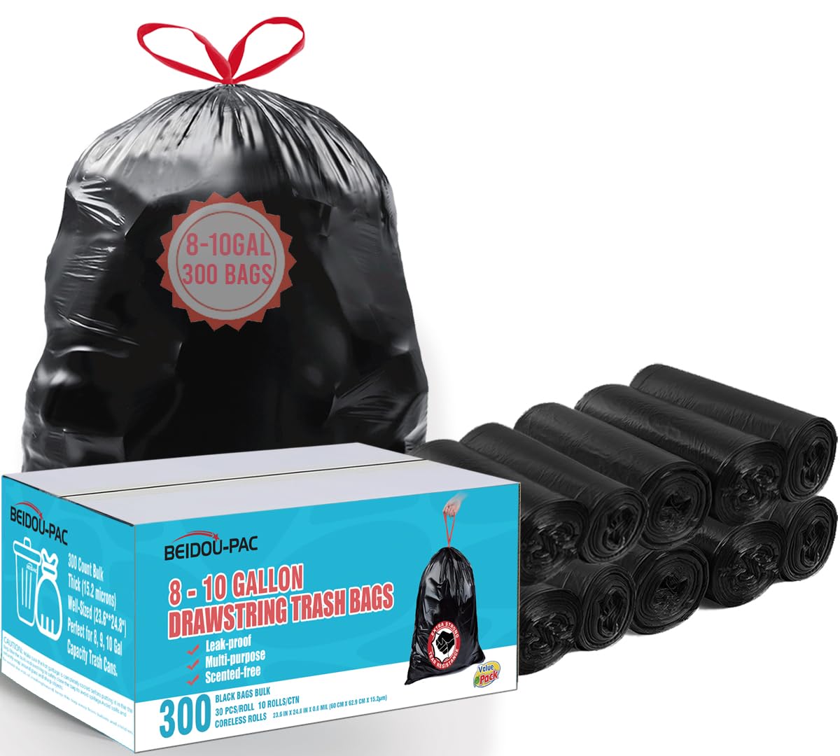 BEIDOU-PAC Bolsas de basura de 8 a 10 galones con cordón, 300 unidades a granel, bolsas de basura multiusos negras y sin perfume para negocios, hogar, baño, cocina, comercial e industrial