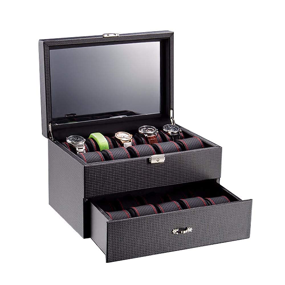 TIANQIHAO Watch Box Organizer For Men 20 Slot Wristwatch Display Case Organizer Carbon Fiber Design For Jewelry Watches Large Glass Top With Drawer