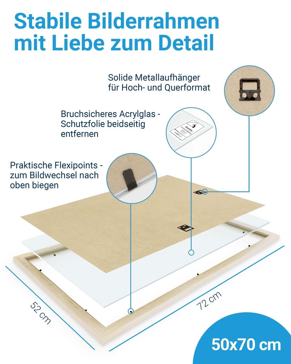 PHOTOLINI Bilderrahmen 50x70 Holz MDF Natur 3er Set, 50x70 cm Bilderrahmen groß, Rahmen 70x50 Puzzle, bruchsicheres Acrylglas, picture frame zum Aufhängen, Fotorahmen für Fotos, Puzzle & Poster