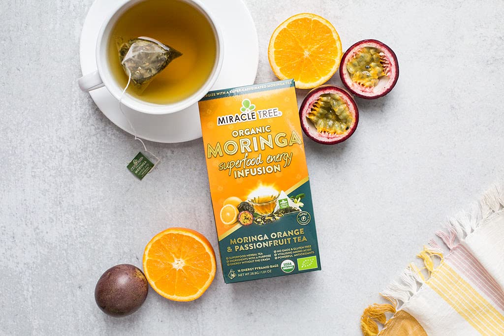 Miracle Tree's Moringa Energy Tea - Orange & Passionfruit | Super Caffeinated Blend | Healthy Coffee Alternative, Perfect for Focus | Organic Certified & Non-GMO | 5 X 16 Pyramid Sachets