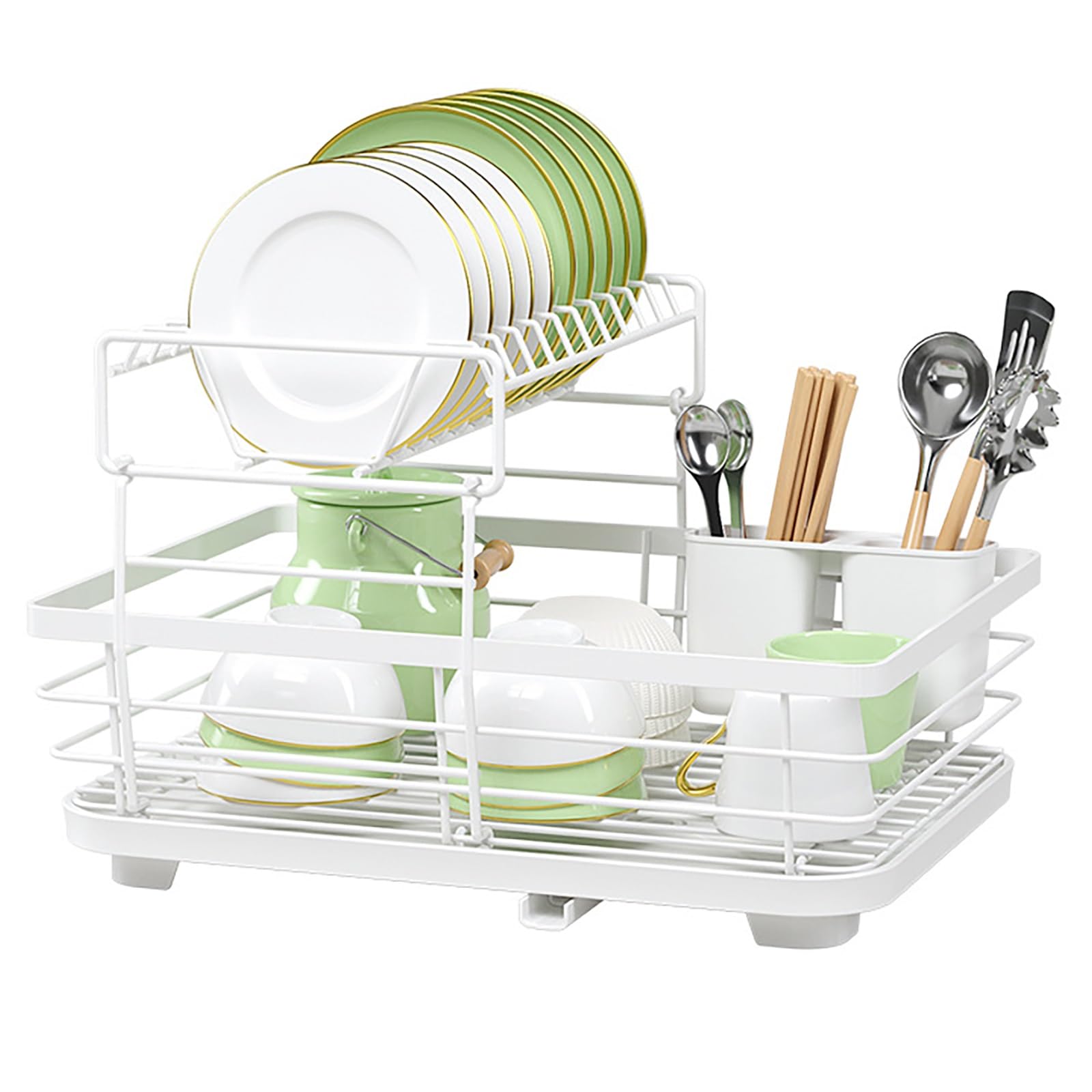 QCKNKMGG Draining Washing Up Holder, 2-Tier Dish Drying Rack Auto Draining Utensil Holder Drainboard Multicolor(White)
