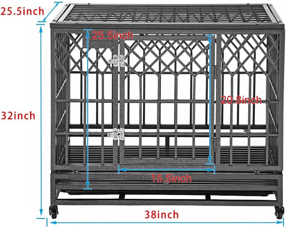 SMONTER Heavy Duty Dog Cage for Large Dog Strong Metal Kennel and Crate Pet Playpen with Three Doors, Four Wheels,38 Inch,Y Shape,Silver … … …