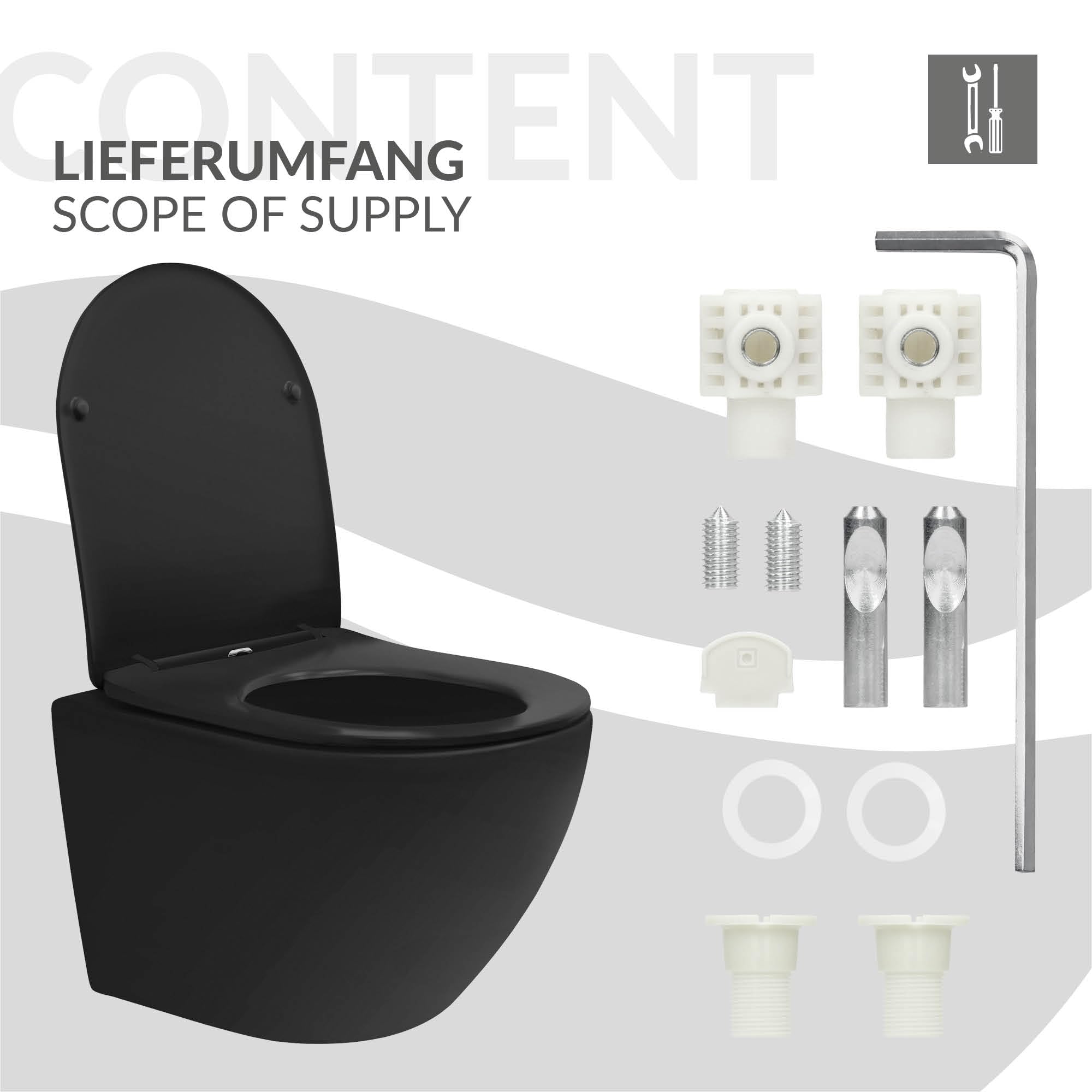 LuxeBath Inodoro Suspendido de Pared sin Descarga Diseño Cerámica Negro Mate WC con Asiento Extraíble de Duroplast Sanitario con Mecanismo de Cierre Suave Lavado de Corta Proyección 49 cm