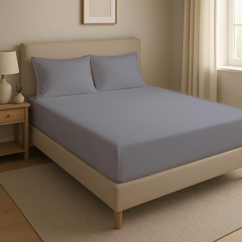 Novexa 3Pcs 100% Egyptian Cotton Single Size Fitted Sheets 400 Thread Count 40cm Deep Bed Sheet Wrinkle Resistant Hotel Quality Silver Fitted Bedsheets