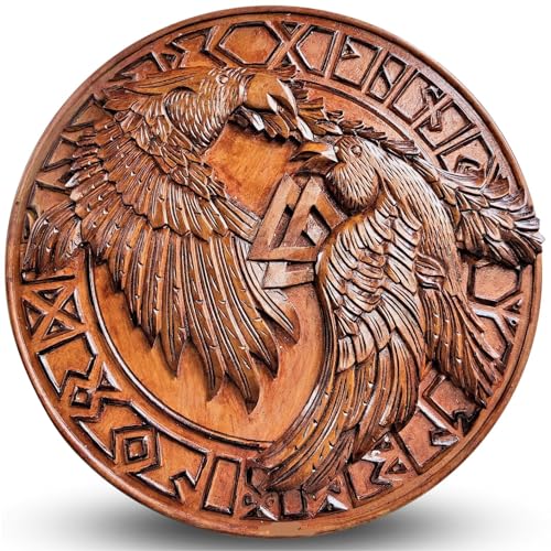 Hugin and Munin Auténtico escudo vikingo de batalla, escudo de madera de 24 pulgadas, marrón