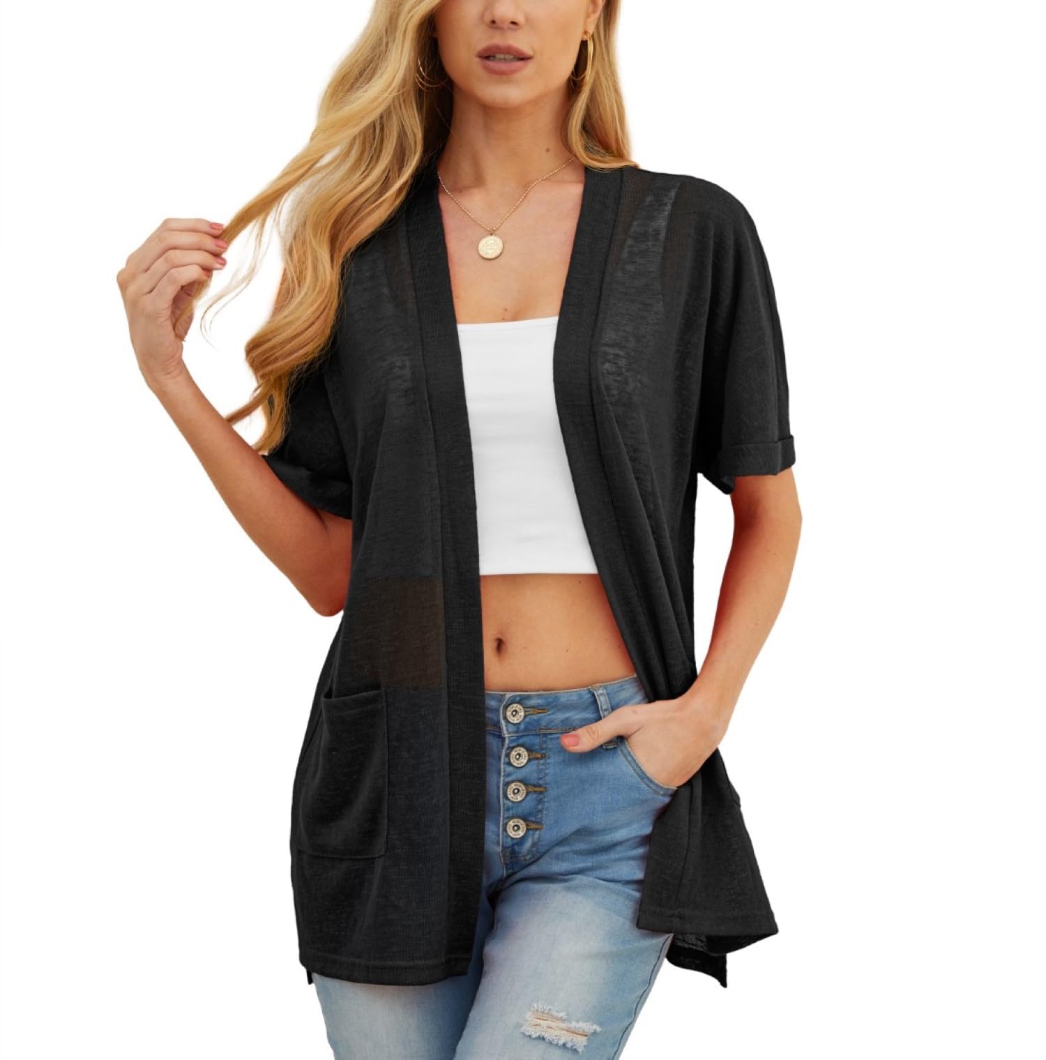 PrinStory Strickjacken Für Damen Leicht Kurzärm Sommer-Strickjacke Mit Tasche Lässig Vorne Offen V-Ausschnitt Oberbekleidung