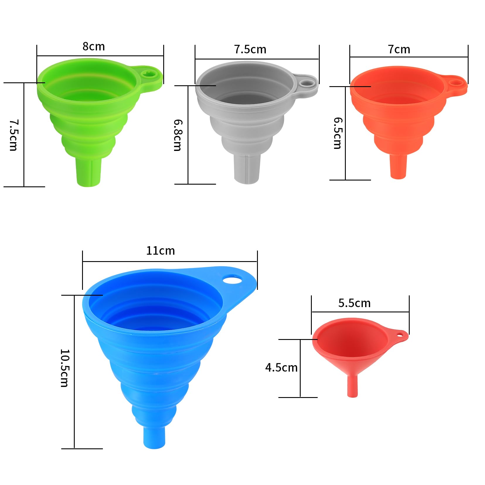 Embudo Plegable de Silicona, 5 Piezas Plegables Embudo de Silicona para Cocina, Embudo portátil para Transferencia de Líquidos Cerveza - Pequeño/Mediano/Grande, 5 Colores
