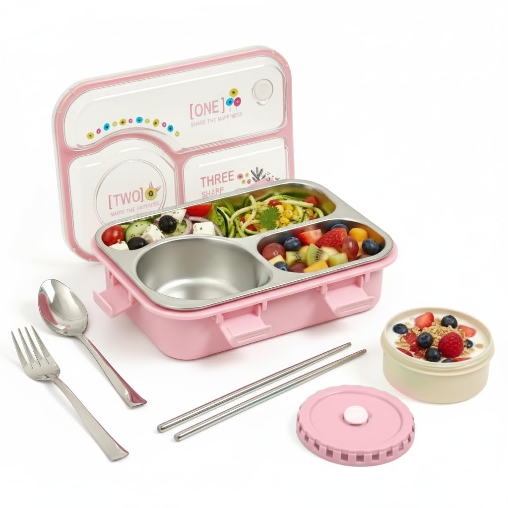 TEC TAVAKKAL Lunch Box 3 Compartment Leak-Proof BPA Free Stainless Steel, Lunch Box for Kids, Lunch Box for School & Office with a Fork, a Spoon and a Pair of Chopsticks 750 ml (Happiness Kawai Pink)