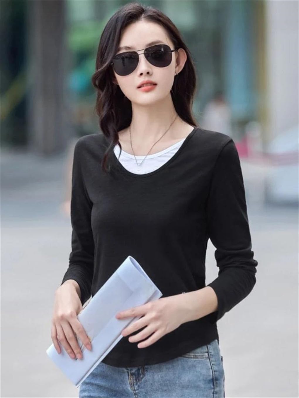 Women's Long Sleeve Leisure Loose T Shirts Cotton Fake Two Pieces V-Neck Knitted T-Shirts Tops