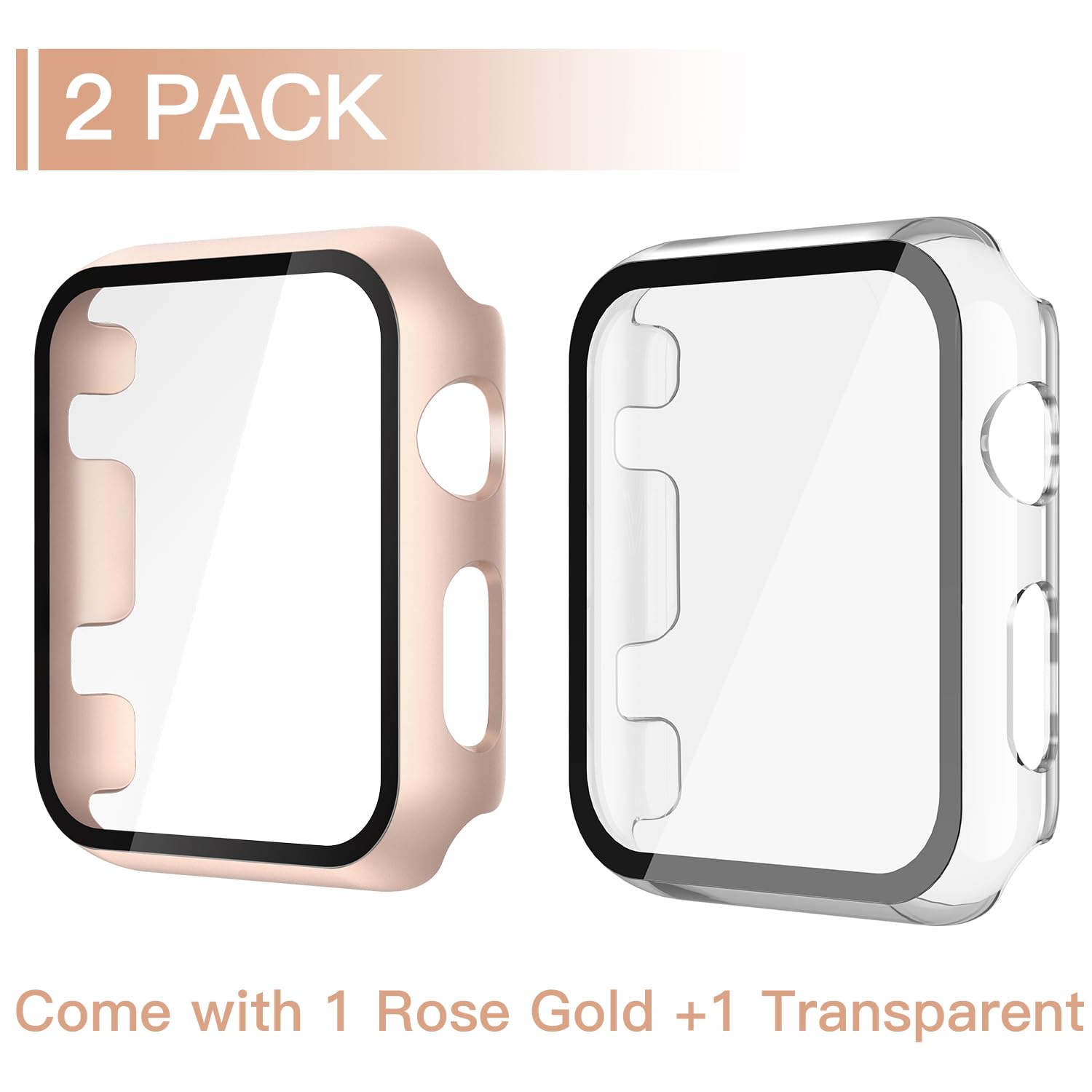 Misxi Schutzhülle für Apple Watch Serie 3 / Serie 2, 42 mm, gehärtetes Glas, harter PC-Displayschutz, Gesamtschutz, kratzfeste Abdeckung für iWatch, 2 Stück, 1 Roségold + 1 Transparent