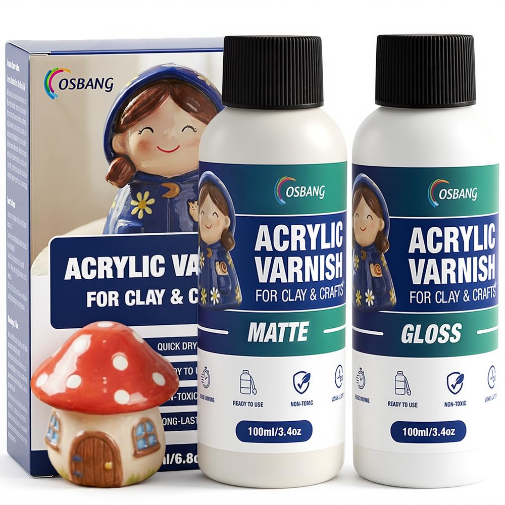 OSBANG Air Dry Clay Glaze Kit, 2-Pack 100ml Gloss and Matte Clear Varnish Top Coat