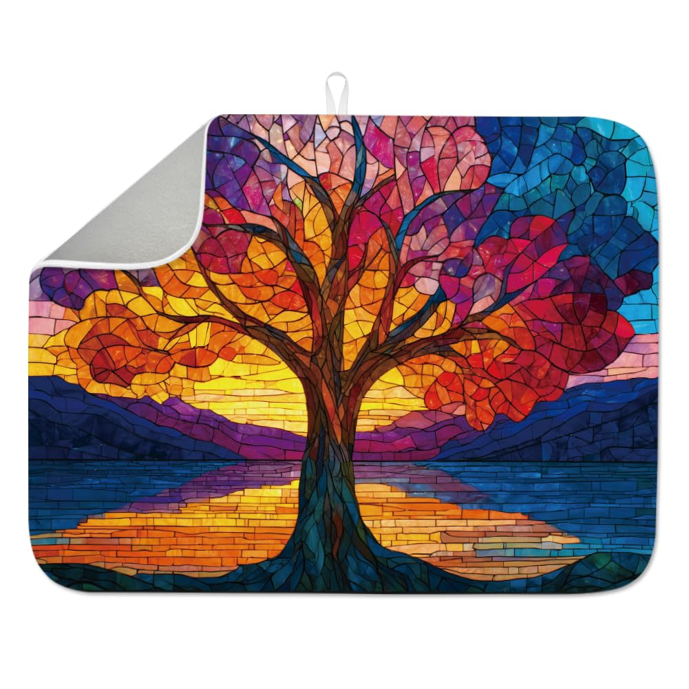 INFUNLY Tapis d'égouttoir à vaisselle Motif arbre de vie - En microfibre absorbante - Antidérapant - 60 x 45 cm - Pour table, plan de travail, évier, café, bar