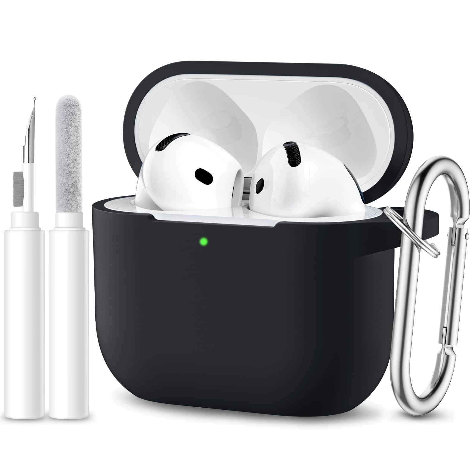 Maledan Cover Compatibile con AirPods 4 2024 Custodia, Case Protettiva Antiurto in Silicone Morbido per Apple AirPods 4 Generazione Custodia con Kit di Pulizia e Moschettone [LED visibile],Nero