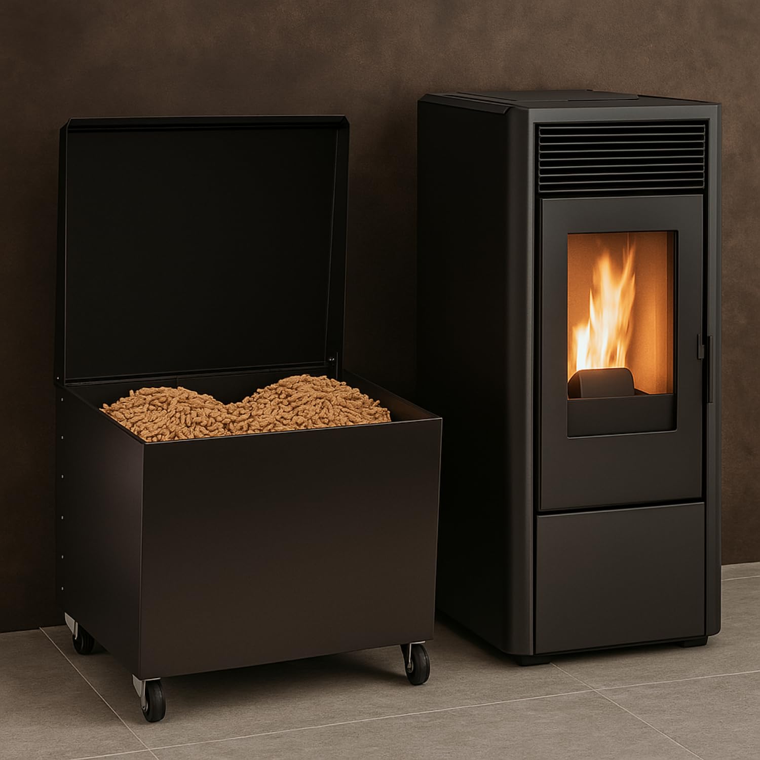 PALUPLUS Baule Portalegna e Pellet da Camino con Ruote di colore Nero, Misura 50x40x55 cm, Cesto per legna in Acciaio Verniciato, Design Elegante, per Stufe e Camini, Made in Italy -2497F -15