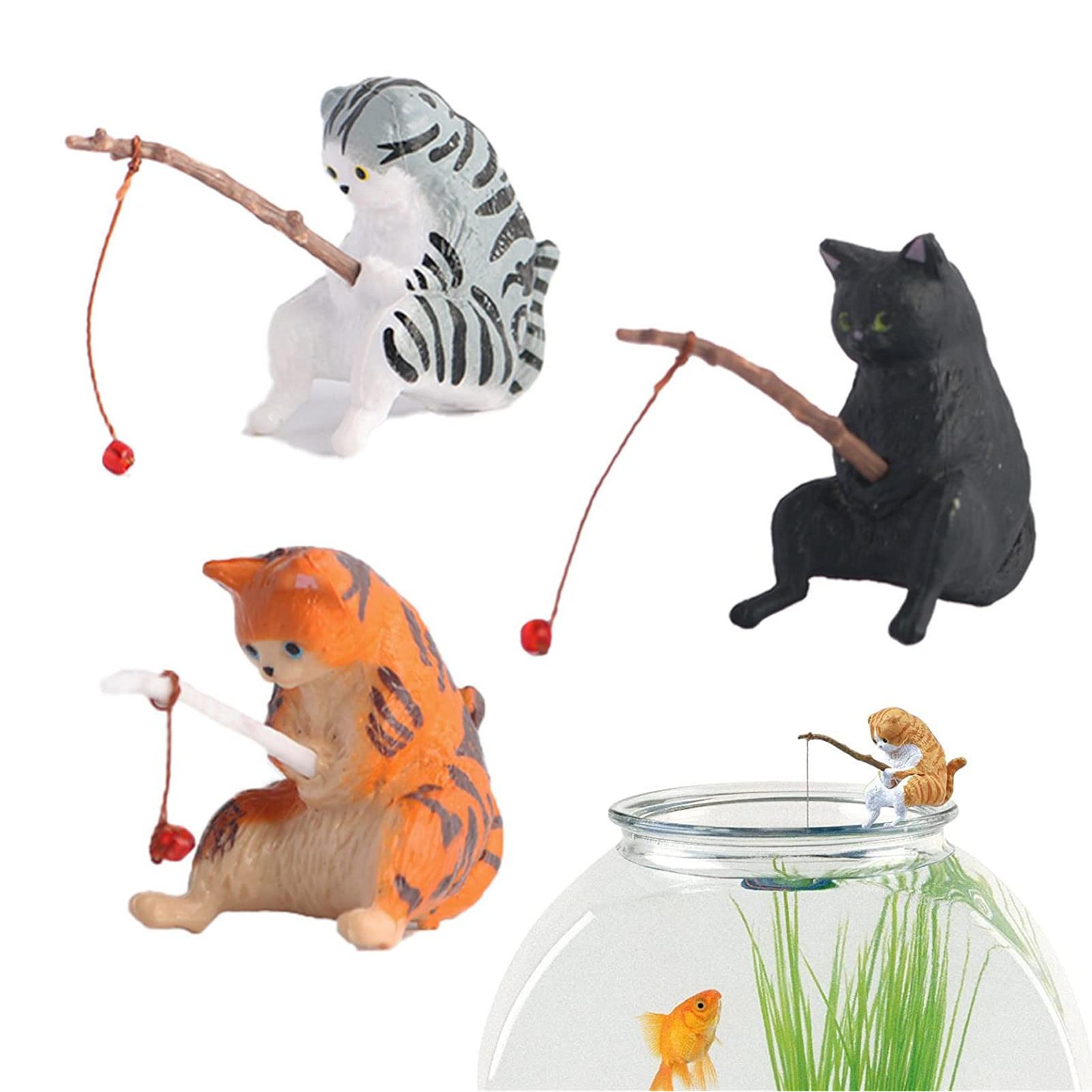 Amazon | 釣り猫 置物 3匹入 水槽造園 漫画釣り猫の装飾品 子猫釣り 