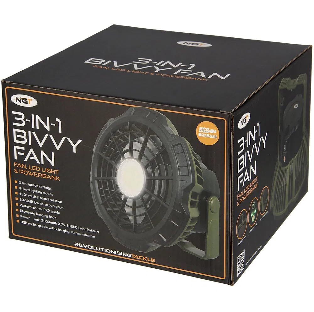 NGT Ventilatore da bivvy XL 3 in 1 ricaricabile con luce LED e powerbank da 2000 mAh, ricarica USB, 3 velocità di ventilazione, 3 modalità di illuminazione, telecomando rotazione a 180°, ideale per