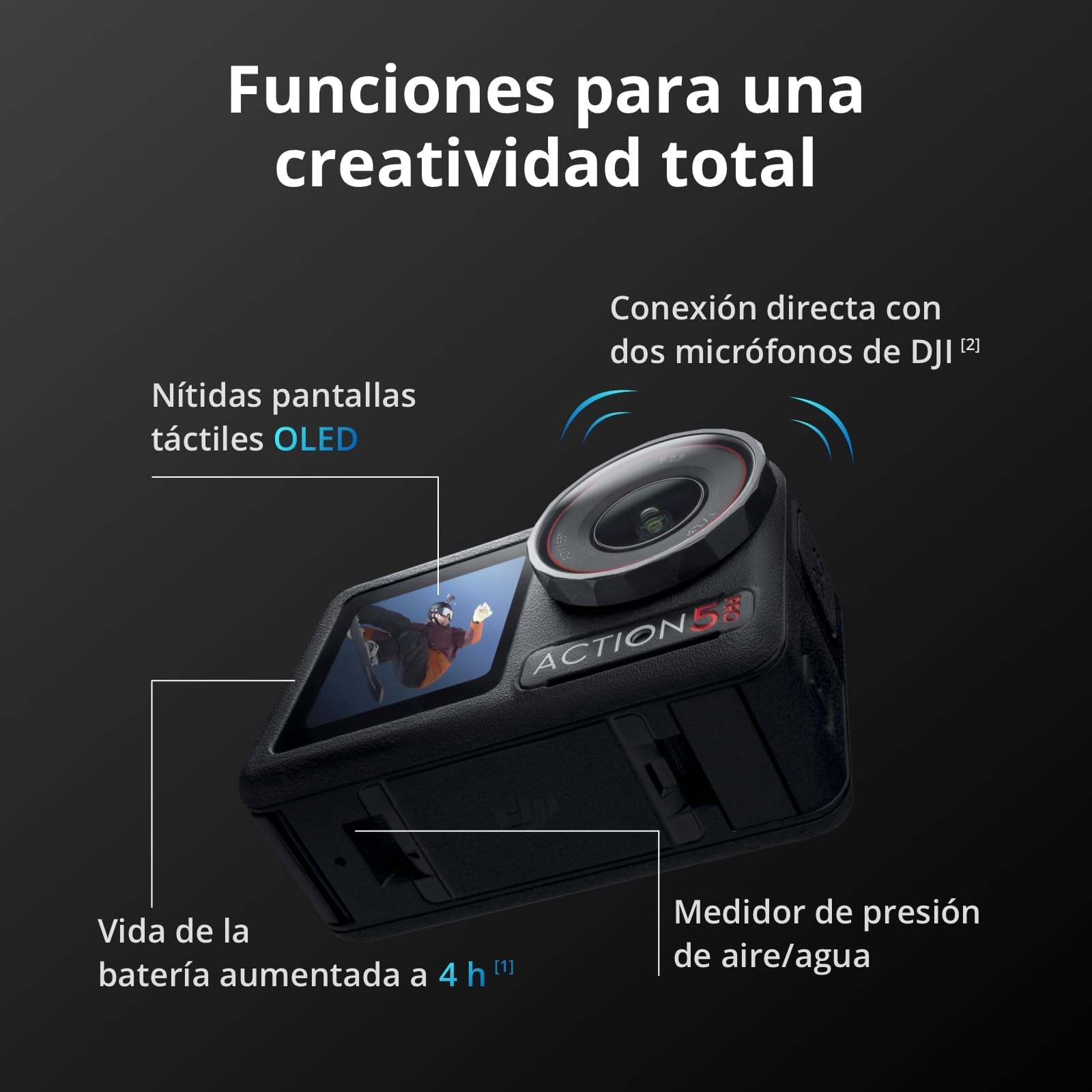 DJI Pack para Vlogs Osmo Action 5 Pro (Mic Mini), cámara de acción 4K para Vlogs, con transmisor Mic Mini, minicámara de acción con Sensor 1/1.3", 4 h de batería, 2 Pantallas táctiles OLED
