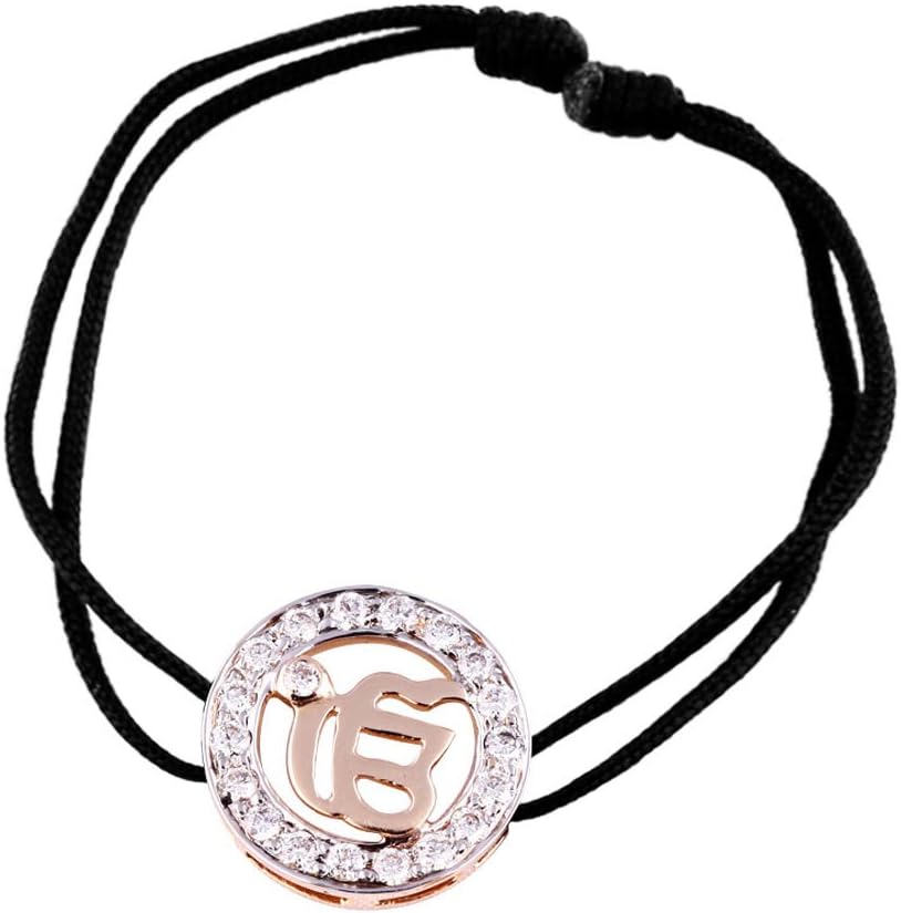 Ik Onkar Diamond Bracelet in 14K Gold 18mm on adjustable nylon thread partially rhodium plated