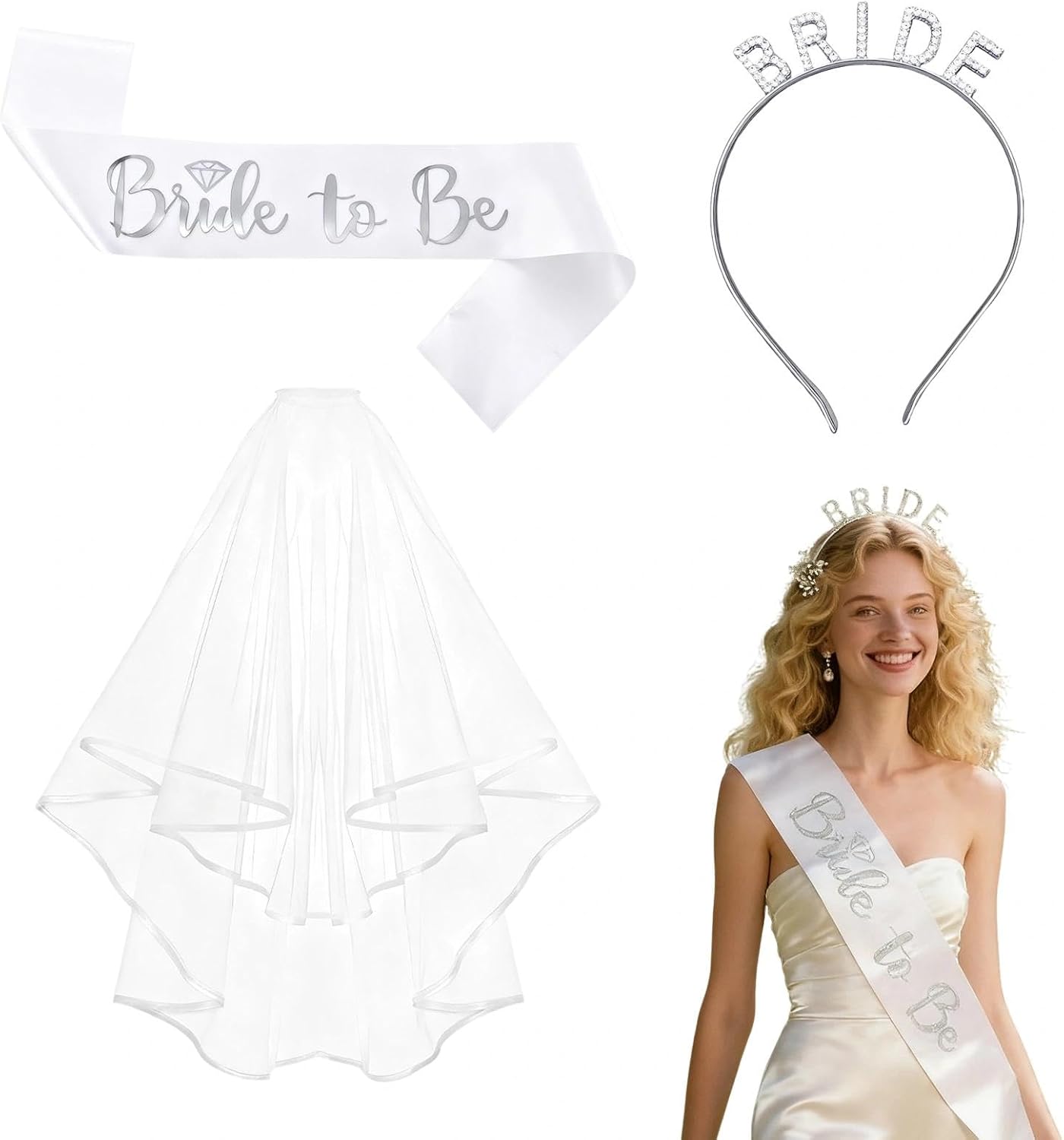 Set of 3 Wedding Decoration for Bride to Be – Bridal Veil with Tiara and Scarf | Suitable for Girlfriends Party, Engagement