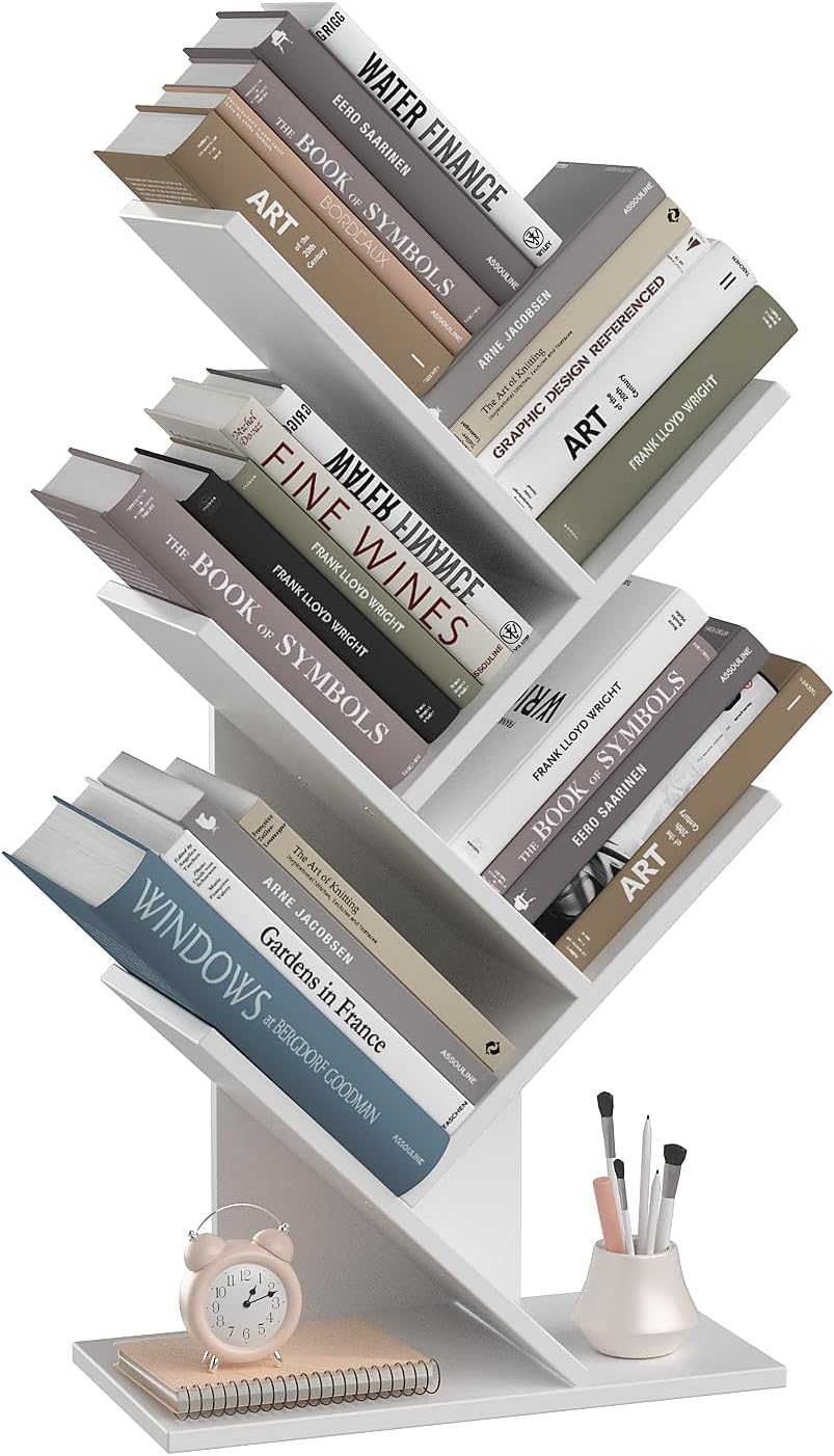 EETU Tree Bookshelf, 5 -Tier Book Storage Organizer Shelves Floor Standing Bookcase, Wood Storage Rack for Office Home School Shelf Display for Cd/Magazine (White)